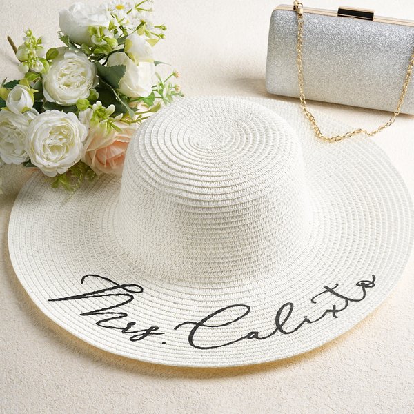 Personalized Text Floppy Beach Hat with Pom-Poms Summer Accessory Birthday Holiday Honeymoon Gift for Women