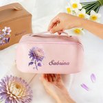 Personalised Birth Flower PU Leather Wide Opening Makeup Bag with Name Travel Essential Daily Use Birthday Gift for Women