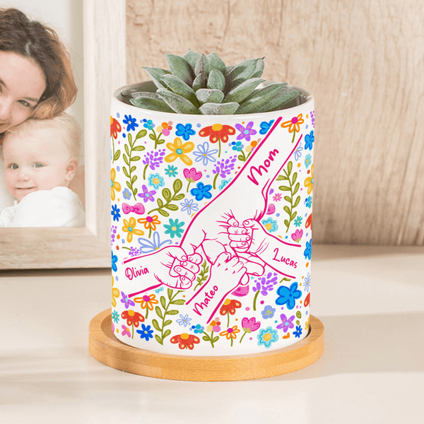 Personalized Flower Holding Mom Hands Ceramic Plant Pot and Bamboo Base with Name Birthday Mother's Day Gift for Mothers Kids