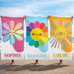 Personalized Rainbow Smile Sun Quick Dry Oversized Microfiber Beach Towel with Name Summer Beach Party Use Birthday Gift for Family Friend Girl