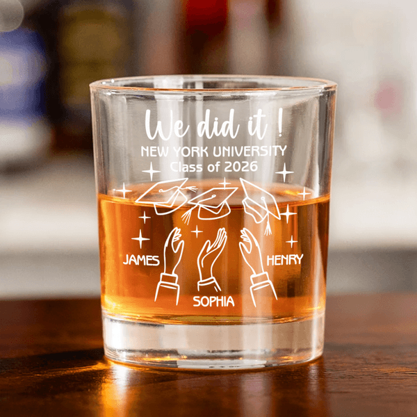 Personalised We Did It Graduation Cap Design Whiskey Glasses with Name and Coaster Party Supplies Graduation Gift for Whiskey Lovers Graduates