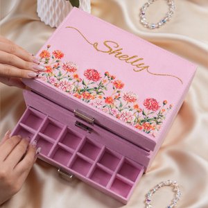 Personalised Birth Flower Multi-Compartments Velvet Jewellery Storage Box with Name Daily Use Birthday Mother's Day Gift for Woman Mom