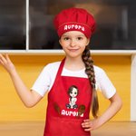 Personalised Cartoon Character Birth Flower Name Adjustable Kid Apron Chef Hat Set with Pocket for Cooking Christmas Birthday Gift for Boys Girls
