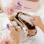Personalised Birth Flower PU Leather Wide Opening Makeup Bag with Name Travel Essential Daily Use Birthday Gift for Women