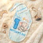 Personalised Our 1st Mother's Day Animal Mom Baby 100% Cotton Soft Swaddle and Hat Set with Year and Name Baby Shower Birthday Gift for Baby Newborn