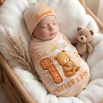 Personalised Our 1st Mother's Day Animal Mom Baby 100% Cotton Soft Swaddle and Hat Set with Year and Name Baby Shower Birthday Gift for Baby Newborn