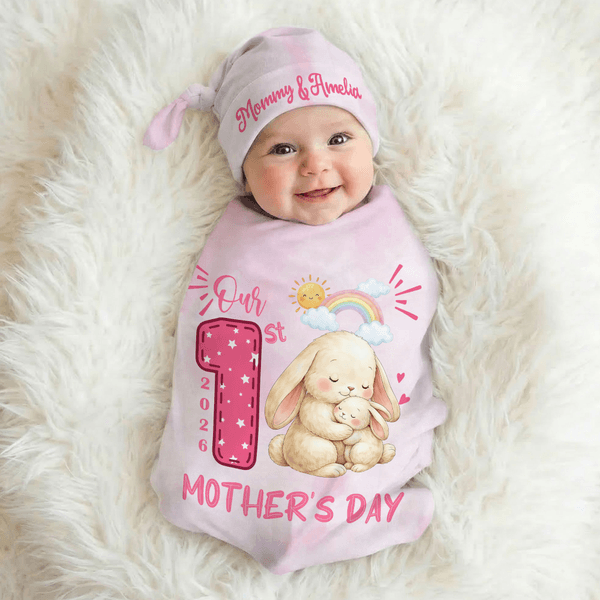 Personalised Our 1st Mother's Day Animal Mom Baby 100% Cotton Soft Swaddle and Hat Set with Year and Name Baby Shower Birthday Gift for Baby Newborn