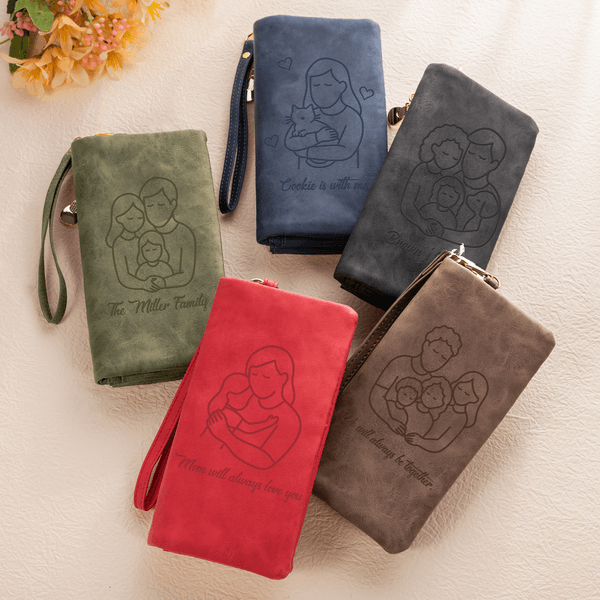 Personalized Line Art Family Pattern Heart PU Leather Tri-Fold Wallet with Wrist Strap and Text Mother's Day Gift for Mom Grandmother