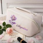 Personalised Birth Flower PU Leather Wide Opening Makeup Bag with Name Travel Essential Daily Use Birthday Gift for Women