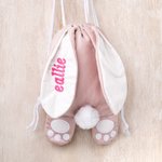 Personalised Cute Easter Bunny Multicolor Drawstring Backpack with Embroidered Name and Tail Eggs Hunting Easter Party Gift for Kids