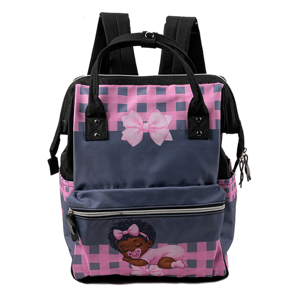 Personalized Cute Black Little Girl Pink Bow Large Capacity Canvas Diaper Bag with Name and Handle Baby Shower First Mother's Day Gift for Mom