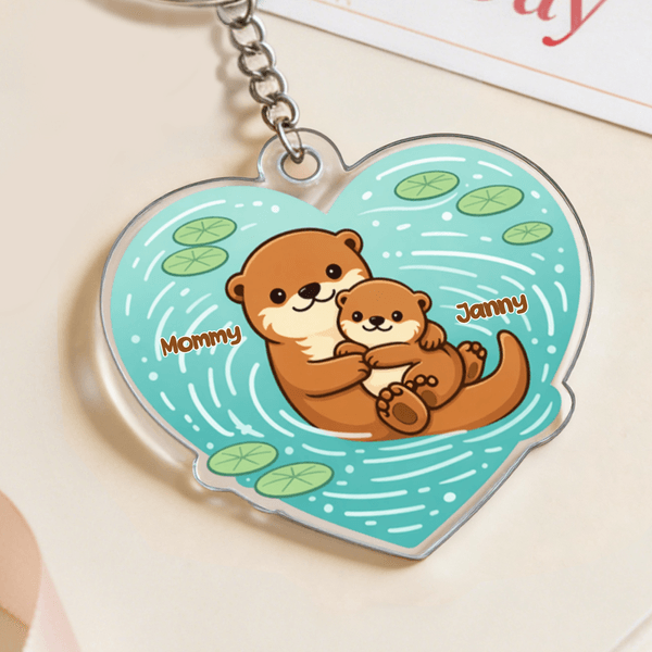 Personalized Otter Mom and 1-5 Baby Otters Heart-Shaped Acrylic Keychain with Names Daily Use Mother's Day Gift for Mom Grandma
