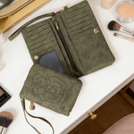 Personalized Line Art Family Pattern Heart PU Leather Tri-Fold Wallet with Wrist Strap and Text Mother's Day Gift for Mom Grandmother