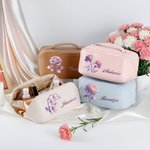 Personalised Birth Flower PU Leather Wide Opening Makeup Bag with Name Travel Essential Daily Use Birthday Gift for Women