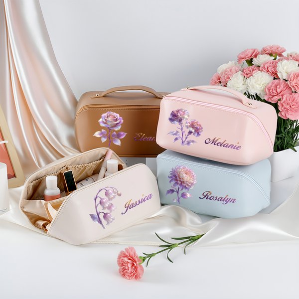 Personalised Birth Flower PU Leather Wide Opening Makeup Bag with Name Travel Essential Daily Use Birthday Gift for Women
