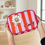 Trousse de maquillage en toile rayée personnalisée avec pompon et nom Cadeau d'anniversaire de la fête des mères pour maman