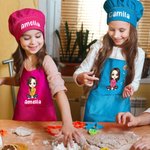 Personalised Cartoon Character Birth Flower Name Adjustable Kid Apron Chef Hat Set with Pocket for Cooking Christmas Birthday Gift for Boys Girls
