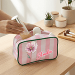 Trousse de maquillage en toile rayée personnalisée avec pompon et nom Cadeau d'anniversaire de la fête des mères pour maman