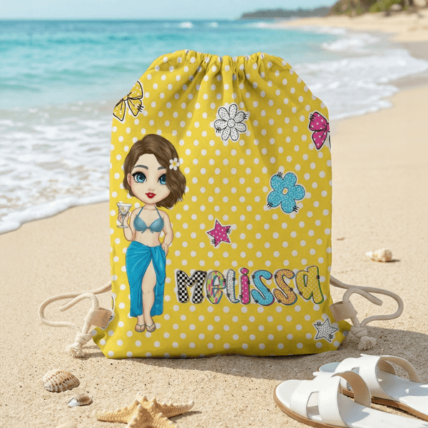 Personalized Colourful Cartoon Character Drawstring Bag with Name Outdoor Activities Beach Party Birthday Gift for Women Besties Family