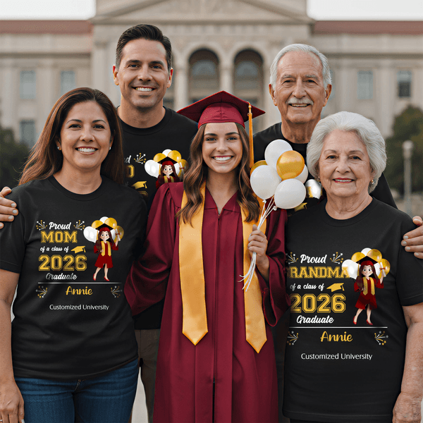 Personalised Class of 2026 Cartoon Character 100% Cotton Kid Adult T-shirt with Name Daily Wear Graduation Gift for Graduate Family