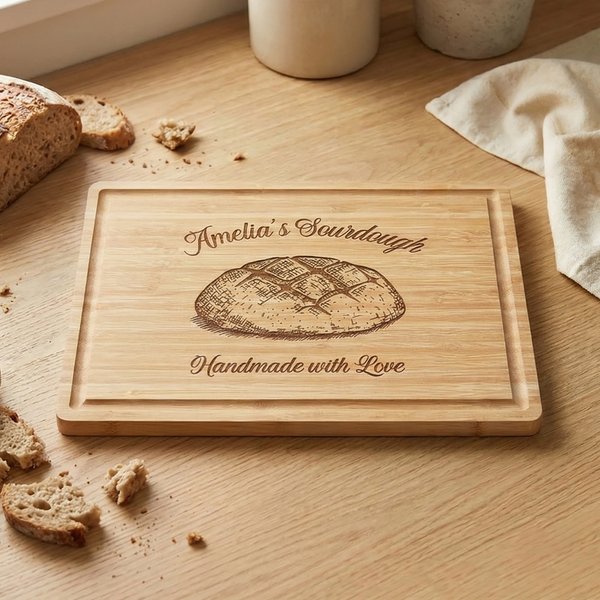 Personalized Engraved Name Sourdough Handmade with Love Charcuterie Cutting Board with Juice Groove Kitchen Decor Made in USA Birthday Gift for Bakers