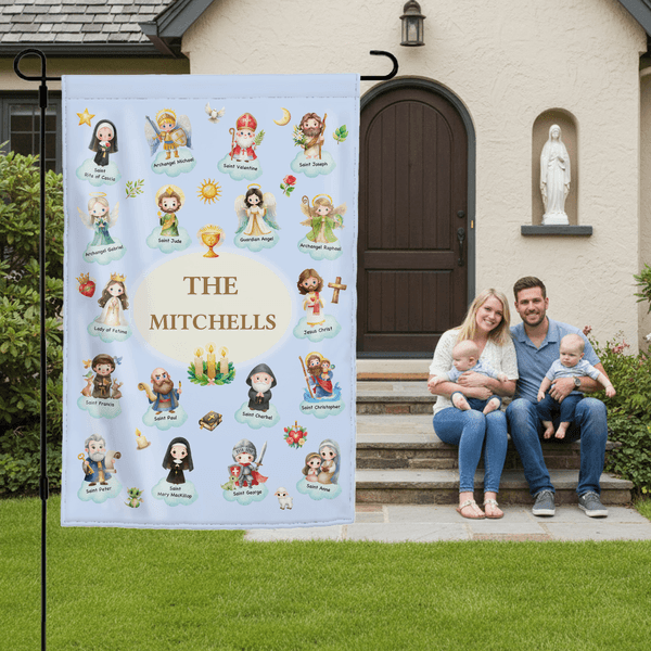 Personalized Cartoon Holy Saints of Heaven Guardian Garden Flag with Name Yard Porch Decor Birthday Children's Day Gift for Kids Christians