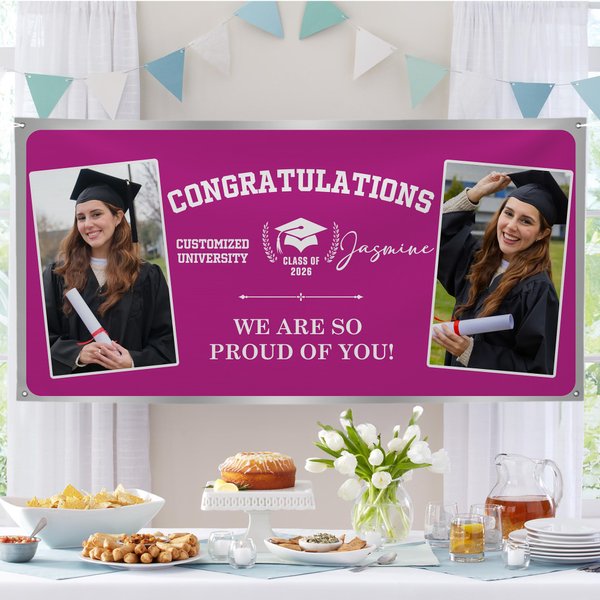 Personalizado Multicolor Felicidades Fotos Banner con Nombre de Texto y Nombre de la Escuela Fiesta Telón de Fondo Decoración Clase de 2026 Regalo de Graduación para Graduados