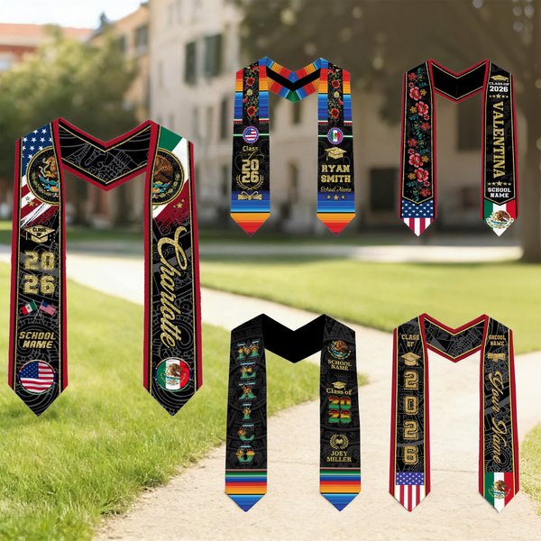 Personlig mexikansk amerikansk flagga Graduation Stole med namn och år Graduation Celebration Gift för klass 2026-akademiker