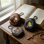 Sac de rangement pour chapelet en cuir PU avec nom Cadeau religieux de baptême pour les chrétiens
