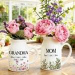 Personalised Birth Flower Ceramic Plant Vase with Handle Title and Names Birthday Mother's Day Gift for Mom Grandma Family