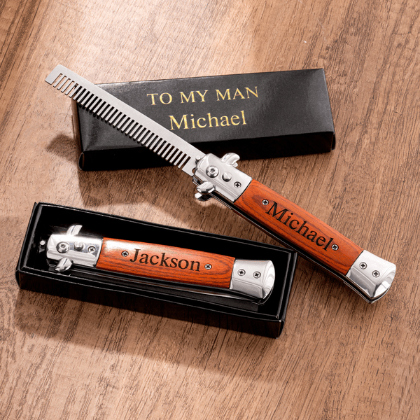 Peigne à barbe pliable en bois et acier inoxydable personnalisé avec texte du nom et boîte cadeau Cadeau de mariage pour la fête des pères pour les garçons d'honneur Pères