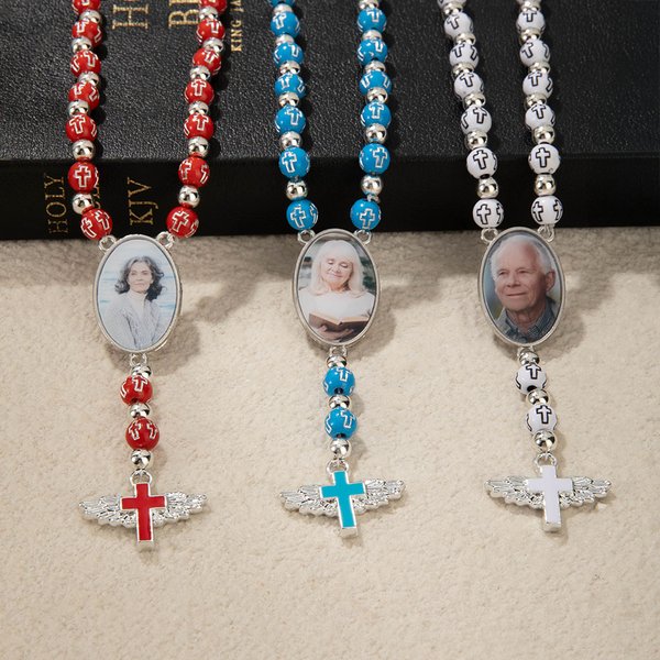 Personalised Photo Cross Beaded Necklace with Angel Wings Cross Pendant Memorial Prayer Religious Gift for Family Christian