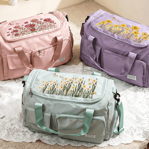 Personalized Birth Flower Multi-Compartment Large Travel Bag with Name and Shoulder Strap Travel Essential Birthday Gift for Women