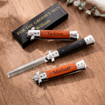 Peigne à barbe pliable en bois et acier inoxydable personnalisé avec texte du nom et boîte cadeau Cadeau de mariage pour la fête des pères pour les garçons d'honneur Pères