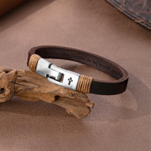 Gepersonaliseerde Vintage Kruisarmband van Echt Leer met Gravure Religieus Cadeau voor Doop of Verjaardag voor Mannen en Christenen