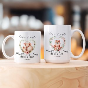 Personalised Heart Wreath Cute Mom-Kid Animals Ceramic Coffee Mug with Text and Coaster Daily Use First Mother's Day Gift for Mom