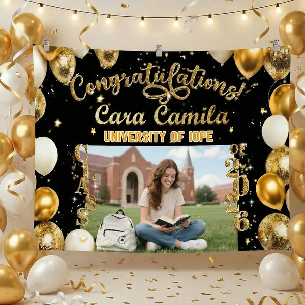 Personalized Congratulations Balloon Photo Banner with Name and Year Party Backdrop Decor Graduation Gift for Graduates