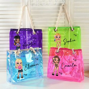 Personalised Waterproof Y2K Cartoon Character Neon Laser Clear Tote Bag with Name Birthday Bridal Party Gift for Women Girls