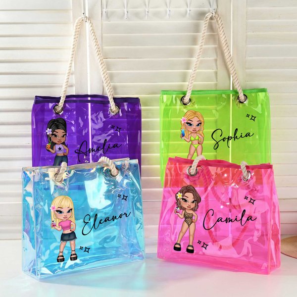 Personlig vanntett Y2K Cartoon Character Neon Laser Clear Tote Bag med navn Bursdag Brudefest Gave til kvinner Jenter