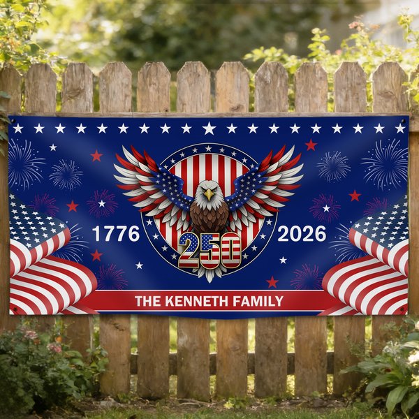 Personalizado 250 Aniversario Bandera Americana Fuegos Artificiales Águila Fiesta Banner con Texto Día de la Independencia Regalo para Americano
