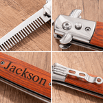 Peigne à barbe pliable en bois et acier inoxydable personnalisé avec texte du nom et boîte cadeau Cadeau de mariage pour la fête des pères pour les garçons d'honneur Pères