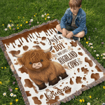 Personalised Cute Highland Cow Soft Throw Blanket with Tassels and Name Home Decor Anniversary Birthday Gift for Cowboy Cowgirl