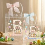 Bolsa transparente personalizada con nombre e inicial diseño de Pascua con lazo rosa conejo y pollitos regalo de fiesta para niños