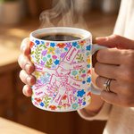 Personalized Colourful Flower Hand in Hand Design Ceramic Coffee Mug with Names Mother's Day Birthday Gift for Mom Grandma