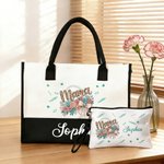 Personalized Mama Bow Flower Large Tote Bag Portable Makeup Bag with Name Birthday Mother's Day Gift for Mom Grandma Family