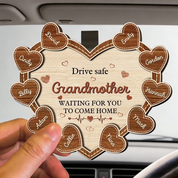 Personalised Drive Safe Heart Wooden Car Sun Visor Clip with 1-10 Names Titile Text Car Accessories Birthday Mother's Day Gift for Mom Family