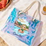 Personalized Pool Vacation Cartoon Girl Holographic Clear Tote Bag with Name Summer Party Holiday Birthday Gift for Women Girls
