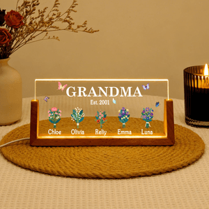Personalized Butterflies 1-8 Birth Flowers Acrylic LED Night Light with Wooden Base and Name Home Decor Birthday Gift for Mother Grandmother