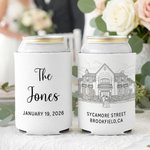 Personalized Simple Line Drawing Style Photo Insulated Beer Can Cooler Sleeve with Surname Date and Text Wedding Party Gift for Couple Family Friend