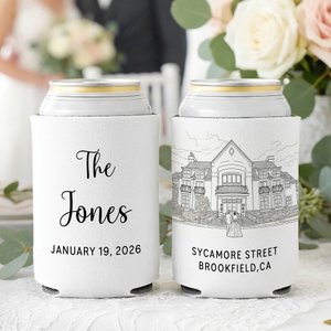 Personalized Simple Line Drawing Style Photo Insulated Beer Can Cooler Sleeve with Surname Date and Text Wedding Party Gift for Couple Family Friend